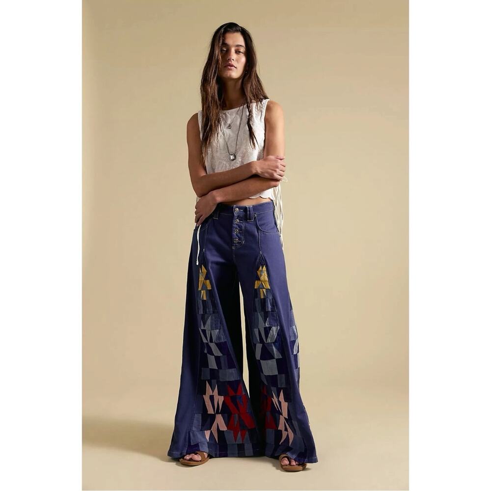 Free People Bohemian Retro 70s Kaleidoscope Patchwork Wide Leg Jeans Size 30 NWT - Picture 4 of 12
